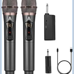 Wireless Microphones, Metal Dynamic Microphone System with Rechargeable Receiver, 50H Duration, 200ft Range, Microphone for Karaoke Singing, Wedding, 