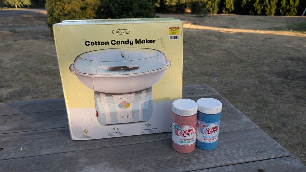 Bella Cotton Candy Maker with Pink and Blue Sugar Floss and Cones New Open Box

