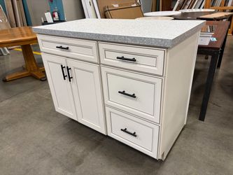 White Freestanding 4 Drawer Kitchen Island with Pebbled Grey Countertop