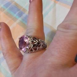 NWT Stainless Steel Silver Fashion Ring With A Single Large Pink Oval Step Cut Stone Size7