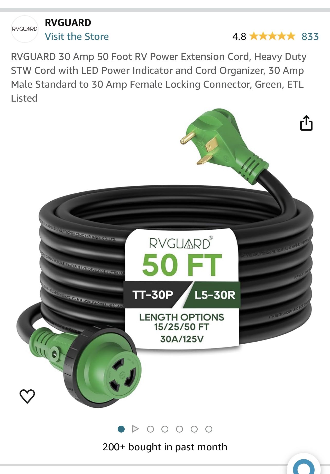 30 Amp 50 Foot RV Power Extension Cord,