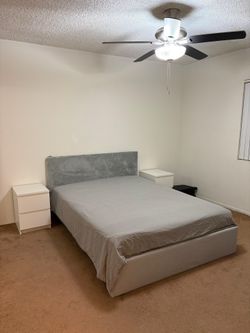 Queen IKEA Upholstered Bed Frame + 2 IKEA Nightstands - Gray/White