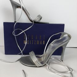 Stuart Weitzman Silver High Heel Ankle Wrap Sandal Sz 8