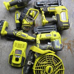 Ryoby Set ,fan ,Multi Tool Brad Nailer, Finish Nailer Vaccum, Flash Light And Drill 2 Batteries And Fast Charger