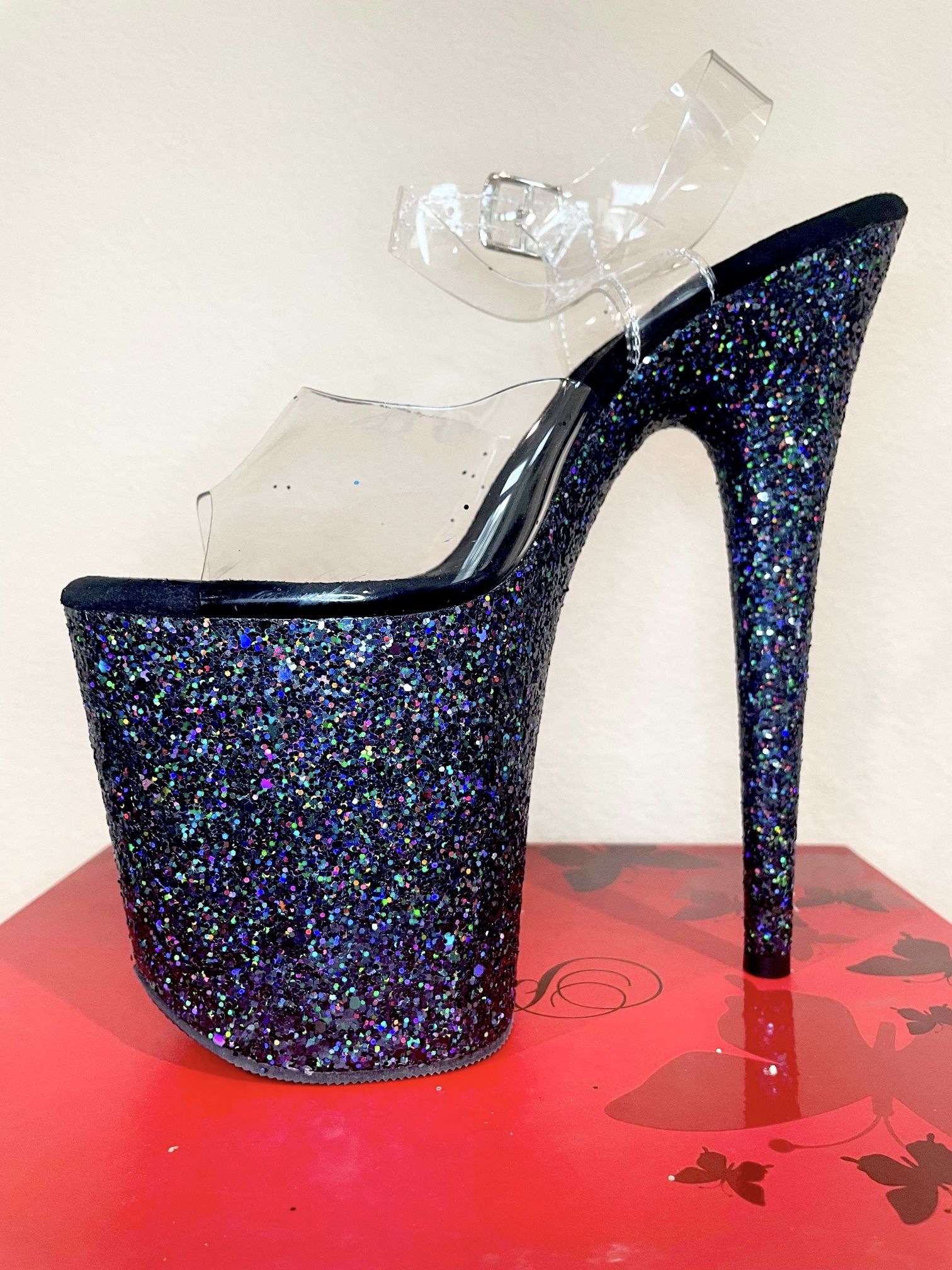 Pleaser Womens Black Multicolor Glitter Platform 8 Inch High Heels Size 8 New In Box 