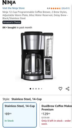 NEW-OPEN BOX-Ninja 12-Cup Programmable Coffee Brewer, 2 Brew Styles, Adjustable Warm Plate, 60oz Water Reservoir, Delay Brew - Black/Stainless Steel..