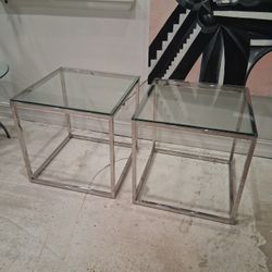 Two Modern Chrome End Tables with Tempered Glass Tops 