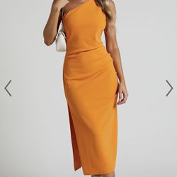 Brand New With Tags Orange Midi One Shoulder Wedding Guest Dress - Size 10