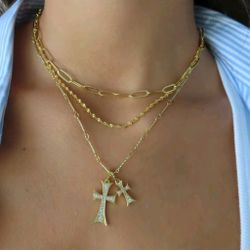 3 piece.Double cross necklace Hand-set CZ stones Gold plated (14k)
