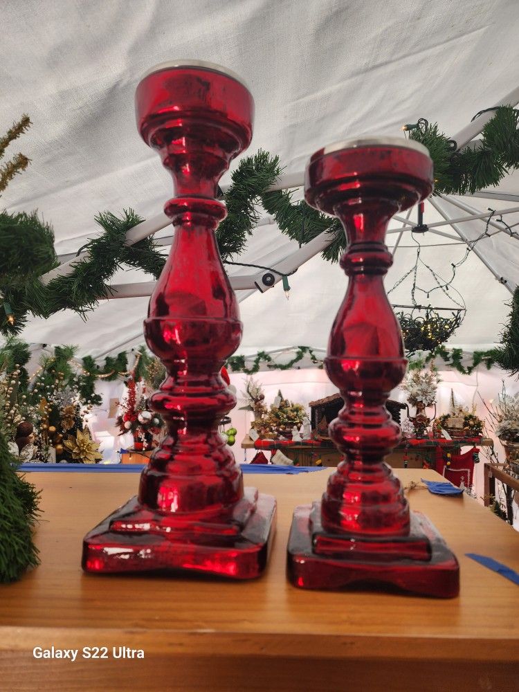 A Pair Of Red Mercury Glass LARGE Candle Holders 