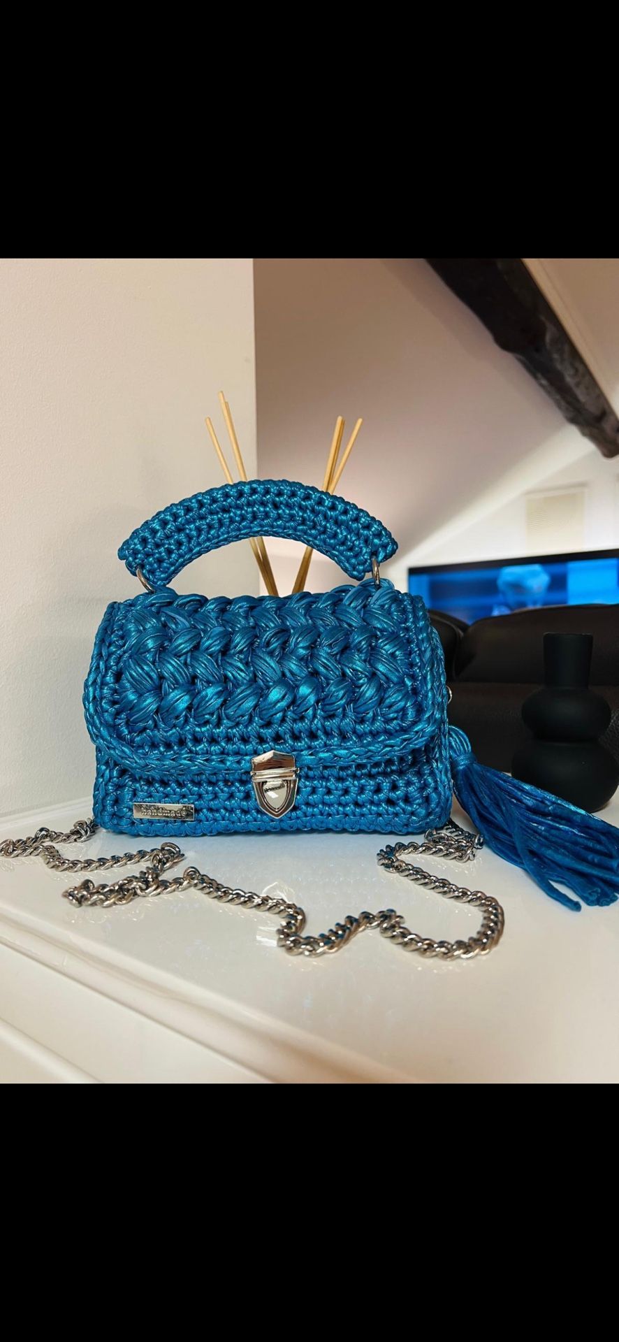 Handmade knitted Bag. Metallic Blue. New
