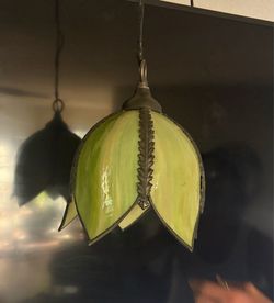 Vintage Green & Yellow Slag Glass Hanging Tulip Lamp