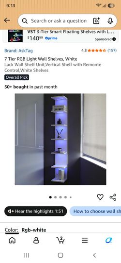 7 Tier RGB Light Wall Shelves, White
Lack Wall Shelf Unit,Vertical Shelf with Remonte Control,White Shelves