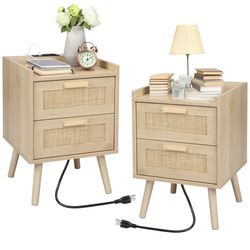 Nightstand with Charging Station, Bedside Table with 2 Hand Made Rattan Decorated Drawers, Night Stand with Storage for Bedroom, Natural, Set of 2
