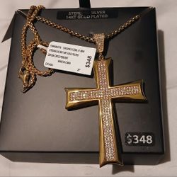 Shaquille O’Neal Gold Cross Necklace Sterling Silver 14K Plated Iced Pendant