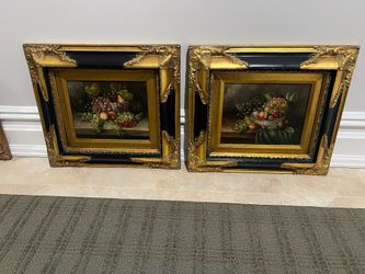 Pair of Fruit Paintings in Ornate gold and black frames 15.5 x 17 Smoke free household