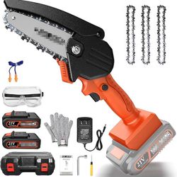 Mini Chainsaw, Upgraded 4 Inch Cordless Small Chain Saw with 3Pcs Chains & 2Pcs 21V Rechargeable Batteries Portable One Hand Electric Chainsaw for Bra