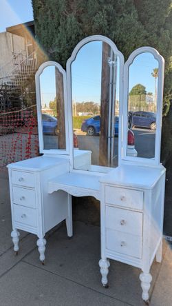 Antique vanity solid mahogany make up station table vintage dresser w folding mirror shabby chic white