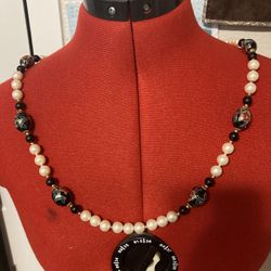 Vintage Blue & White Floral Beaded Gold Tone Necklace – 30”-Made in Japan