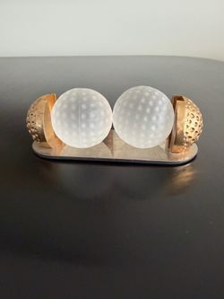 Vintage 2 Sasaki Crystal Golf Ball Paperweight Made In Japan Flat Base with golden metal standing base 5” x 1.75” In good condition