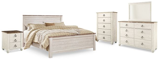 Willowton Whitewash King Panel Bed, Dresser, Mirror, Chest and Nightstand (Online Special Price)