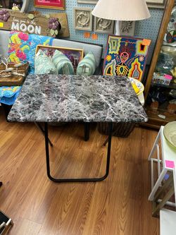 Portable folding TV tray table faux, black marble top and metal frame 28”x20”x31”H