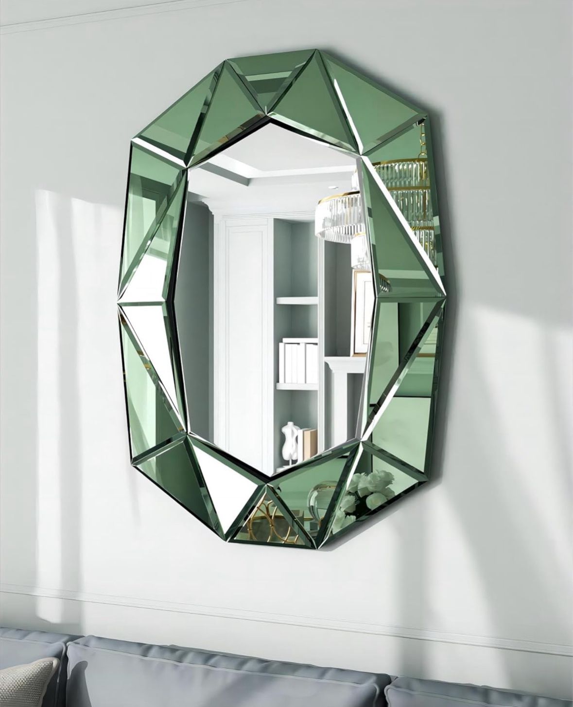 Oval Wall Mirror Diamond-Shaped Stylish Glass Frame 40x28 inch Green