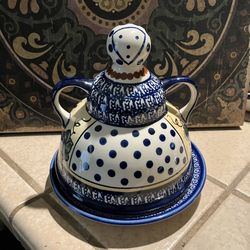 Boleslawiec Poland Pottery Cheese Butter Lady Covered Dish Hand Painted