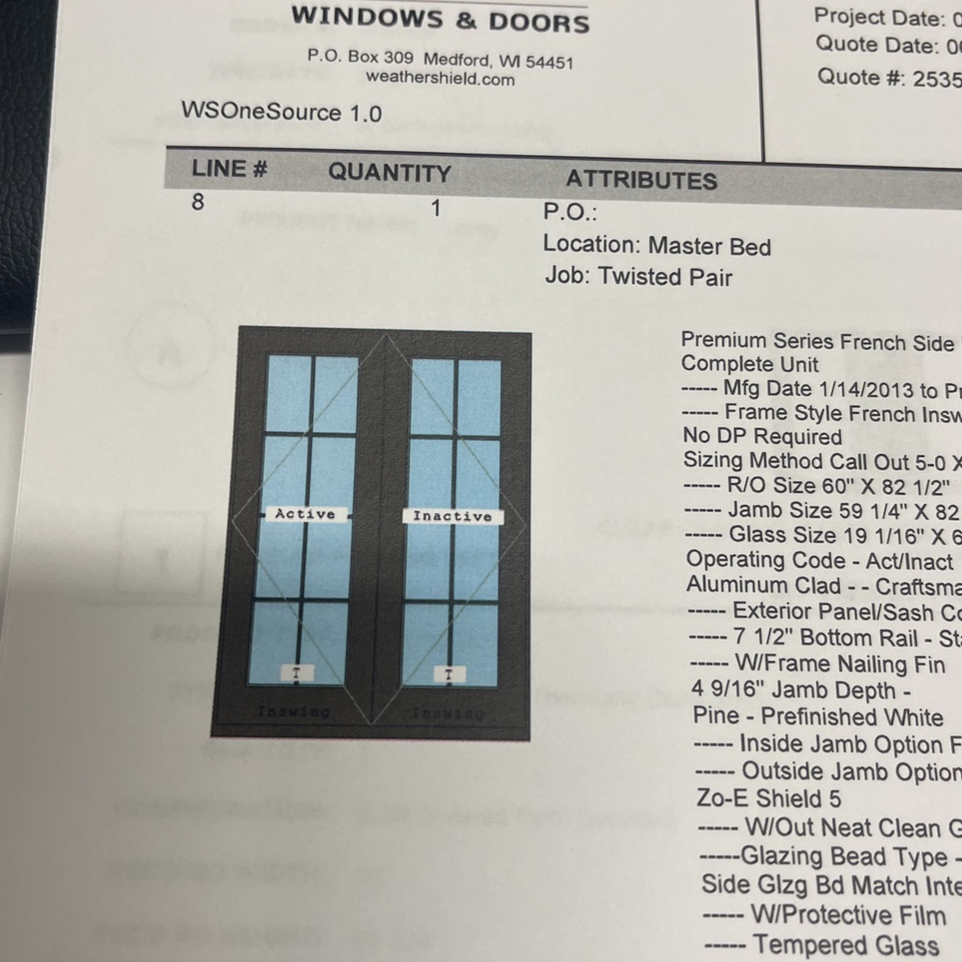 Weather shield French door /patio 60” X82 1/2” Black