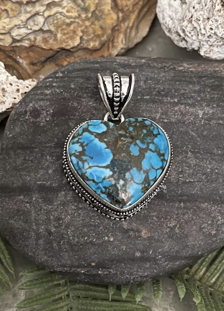 Natural Genuine Turquoise Heart Silver Pendant#28