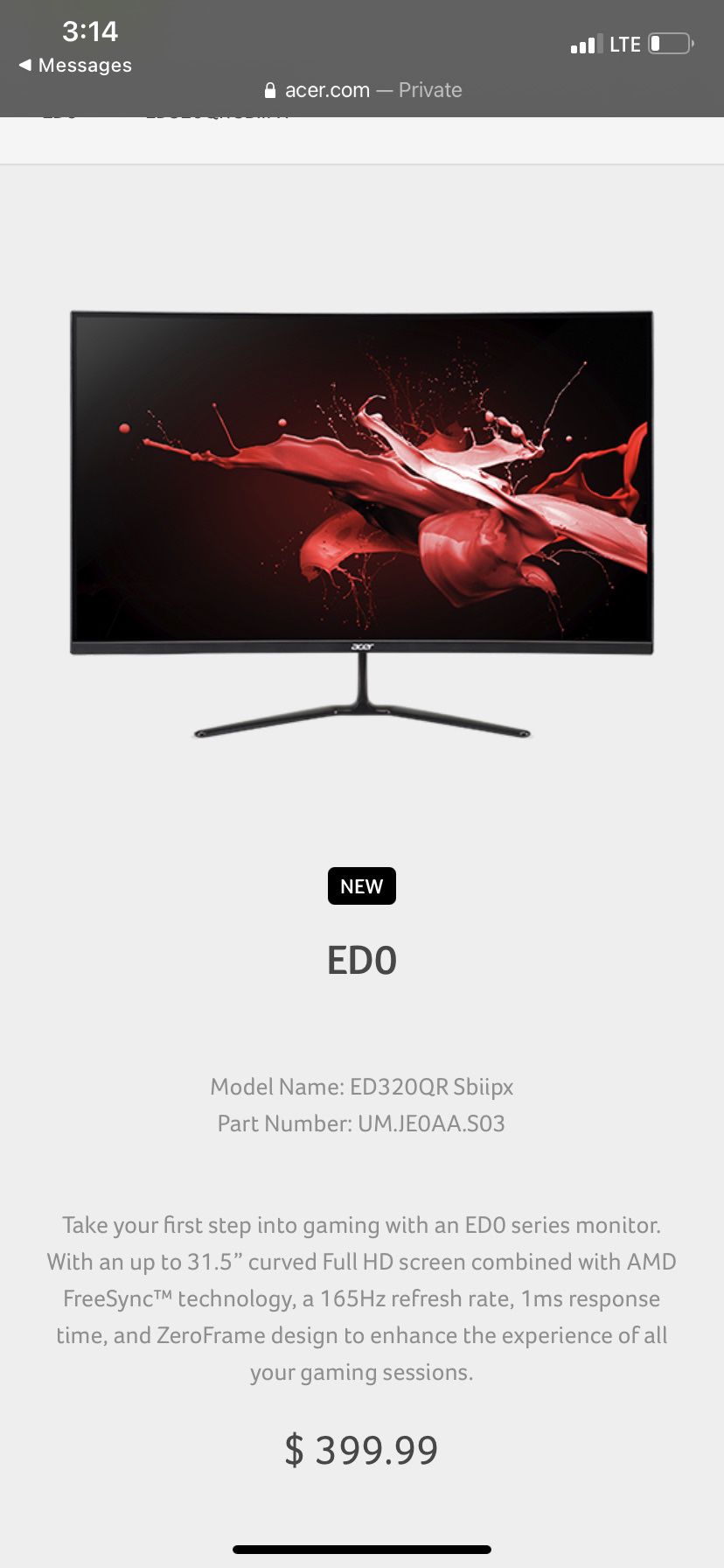 NEW!! Acer 32” 165hz 1ms gaming monitor