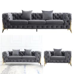 Grey Velvet Sofa Loveseat Chair Living Room Set Brand New In Box Firm Price $2,680