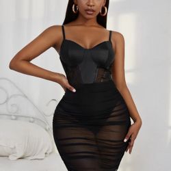 Elegant Black Mesh Corset Dress - Size Large