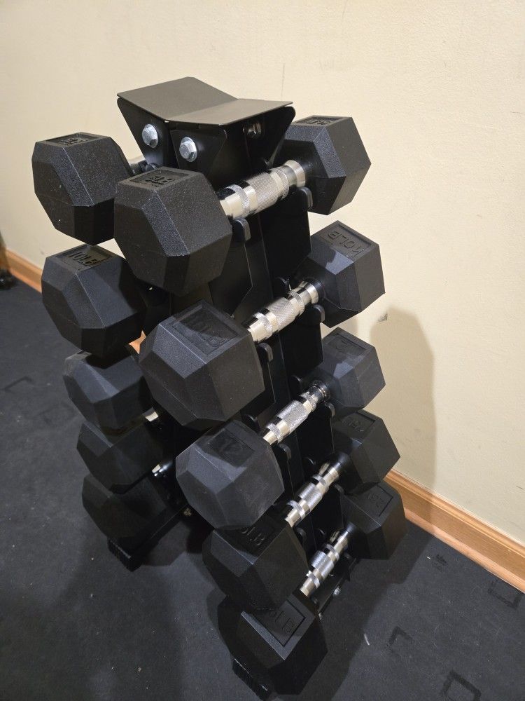 5lb, 10lb, 12lb, 15lb, And 25lb Rubber Hex Dumbbell Set With Rack 