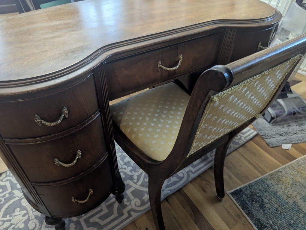 Kidney-Shaped Seven-Drawer Desk And Matching Chair