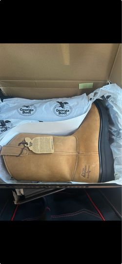 Men’s Georgia Boot Men's Farm and Ranch Wellington Work Boots featuring a Mississippi Tan color and a soft toe design.