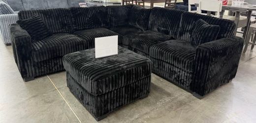 Black Corduroy Sectional Sofa with Ottoman