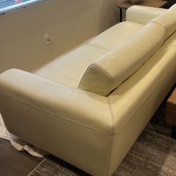 Used - Imported Mid Century Modern (Thick) Cream color Italian Leather Sofa, Chair and Ottoman.