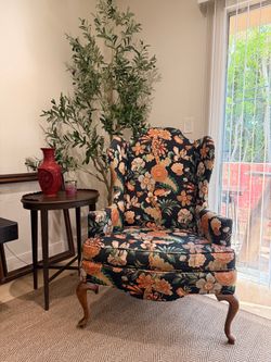 Gorgeous Vintage Style Floral Wingback Accent Chair – Dark Botanical Upholstery