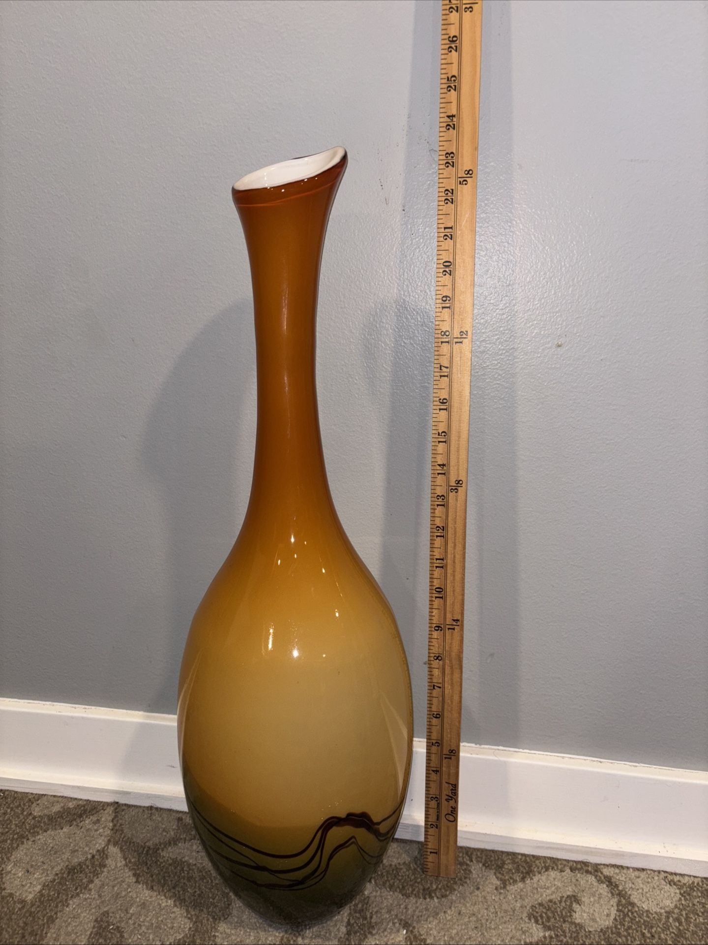 23” Mid-Century Modern Tall Cased Art Glass Olive Green & Tan Long Neck Vase