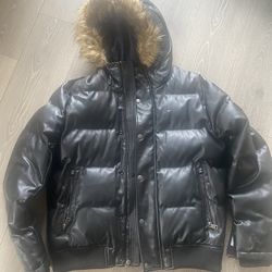 Men's Faux Leather Quilted Snorkel Hooded Bomber Jacket with Faux Fur Hood
