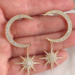 Gold Plated Moon Star Dangle Earrings 