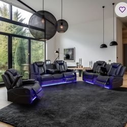 LED Reclining Couches, Free Standing Fire Place/tv Stand, And King Size Bed 