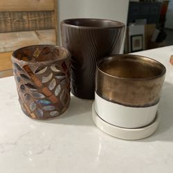 Earth Tones Pot Cover, Planter & Mosaic Glass - Set Of 3 Items 