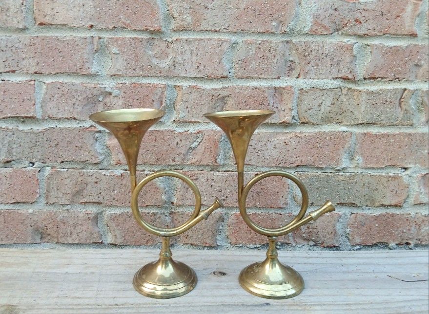 Vintage Brass Horn Candlestick Holders