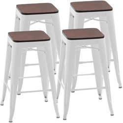 Andeworld 24" Metal Bar Stools Set of 4 Industrial Backless Counter Height Barstools Kitchen Stool Stackable with Wooden Seat- White