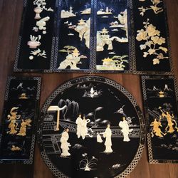 Mid Century Modern Oriental Black/Pearl Inlay Geisha Scene Wall Art Round-30"×30", 4 Ling Panels -12"×36", 2 Small -10"×24"
