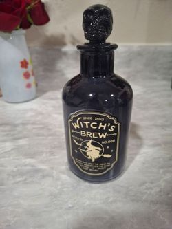 Black Glass "Witch's Brew" Decorative Bottle w/ Skull Stopper, Glossy Finish