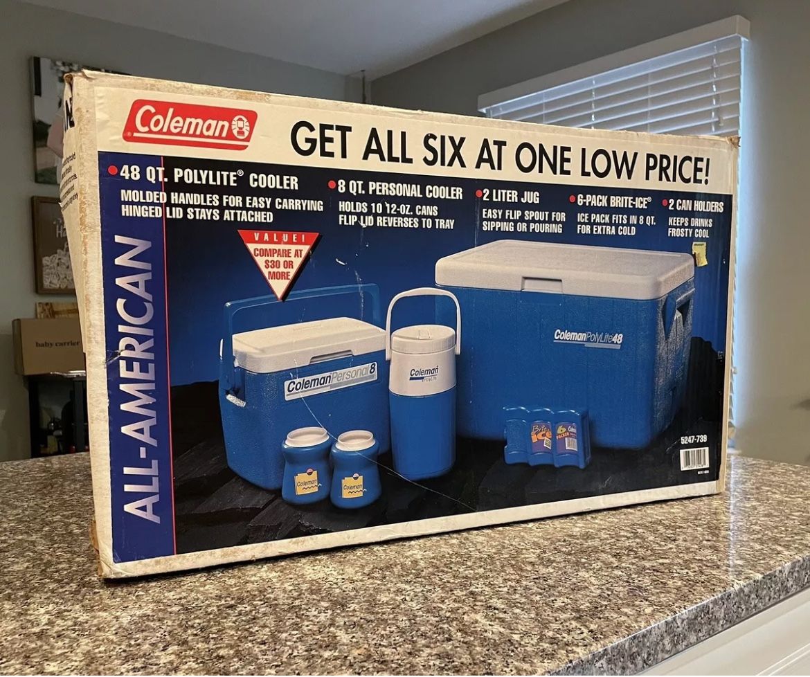 Vintage Rare 1992 Coleman Blue Piece 48qt Cooler Bonus Pack 5247