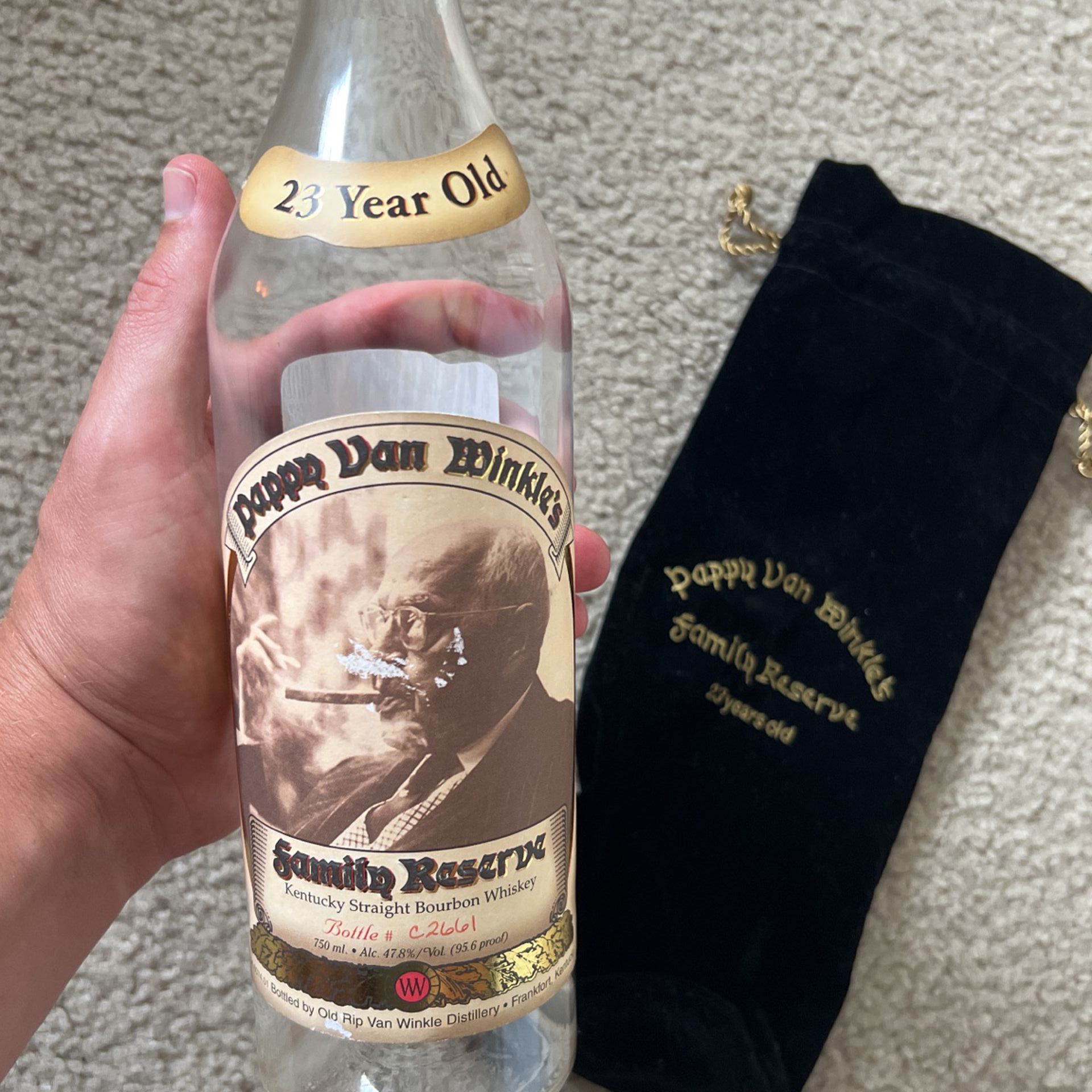 Numbered Pappy Van Winkle Family Reserve 23 Year old w/ Bag (Empty bottle)